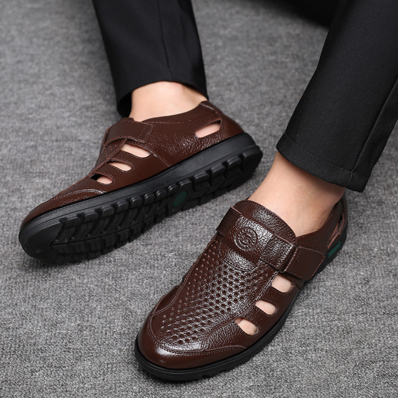Leather Work Outfit - Men's Leather Sandals Hollow Out Breathable