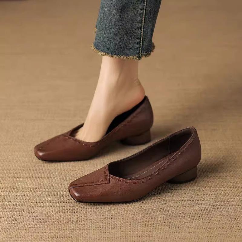 Elegant Square Toe Chunky Heel - Leather Work Outfit review and price