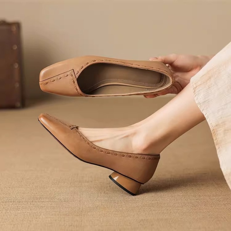 Elegant Square Toe Chunky Heel - Leather Work Outfit review and price